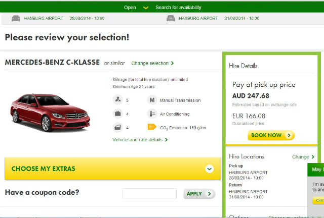 Пример цены аренды автомобиля при заходе на сайт из Австралии