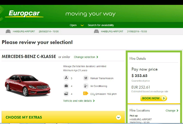 Пример цены аренды автомобиля при заходе на сайт из США